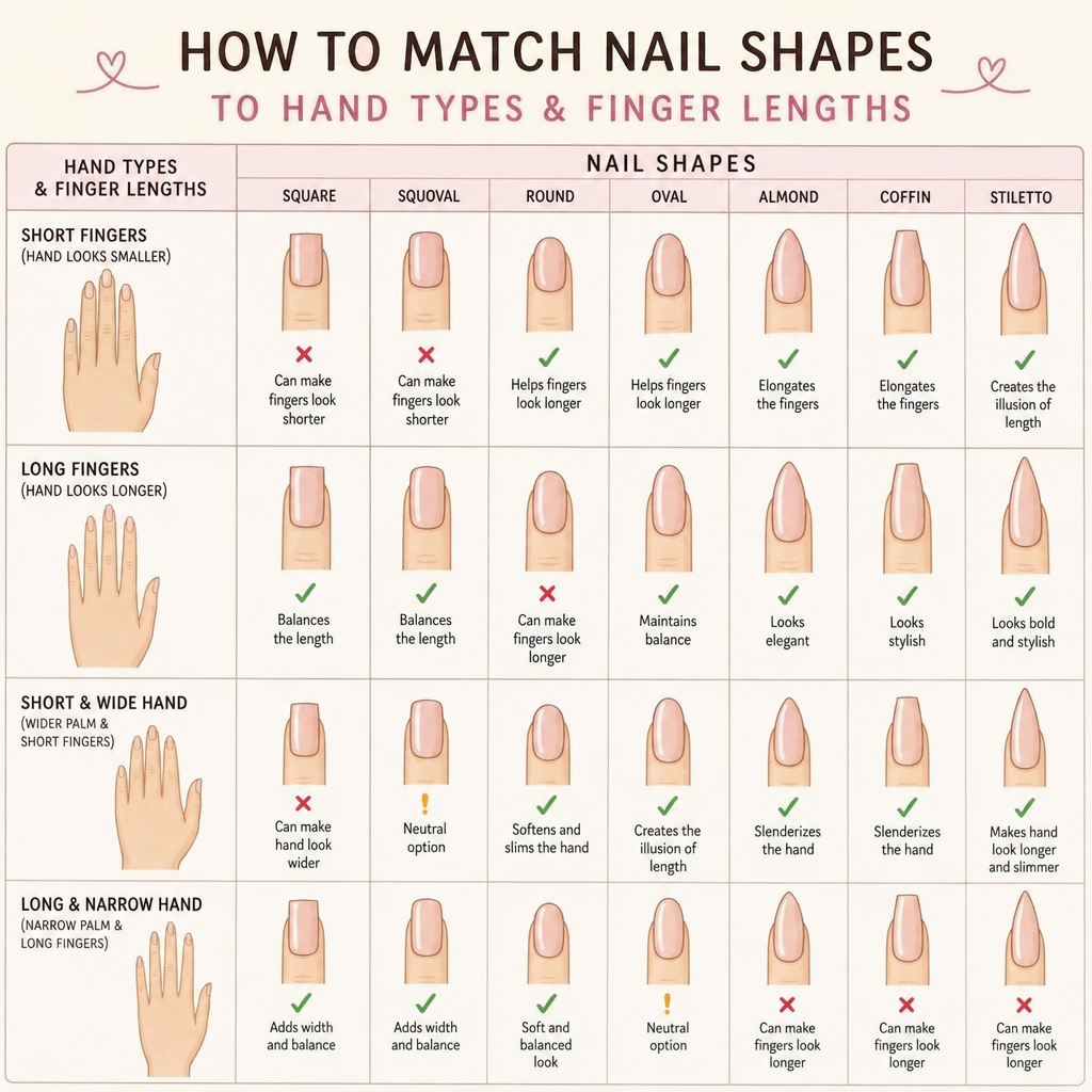 Diagram showing how to match different nail shapes to various hand types and finger lengths