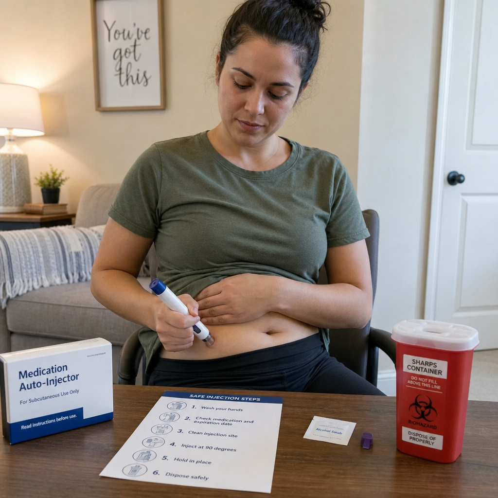 A patient practicing safe injection techniques at home with a medical auto-injector pen