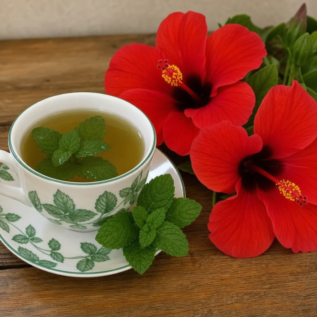 A soothing cup of peppermint tea next to bright red hibiscus flowers