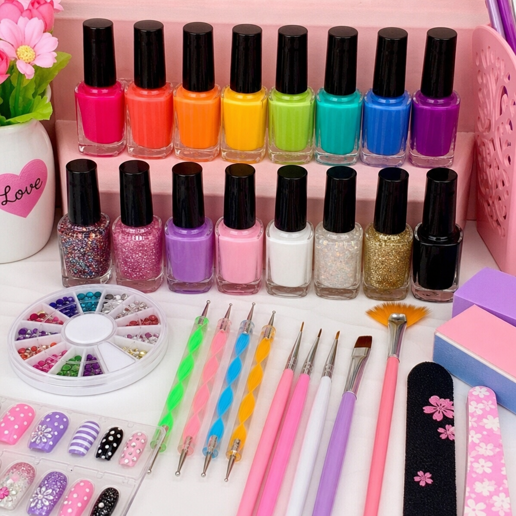 A beautiful display of brightly colored nail polish bottles and basic nail art tools like dotting pens and brushes