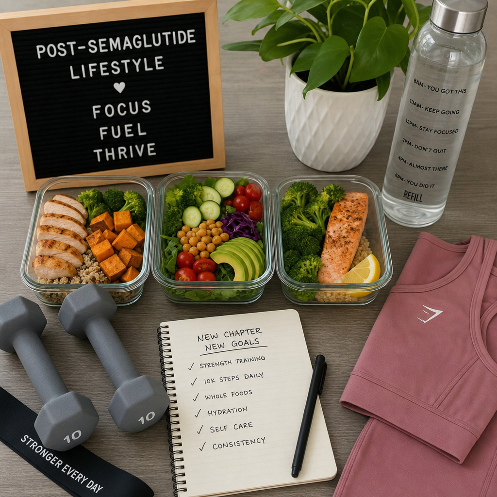 Healthy meal prep, fresh vegetables, and fitness gear highlighting a post-semaglutide lifestyle