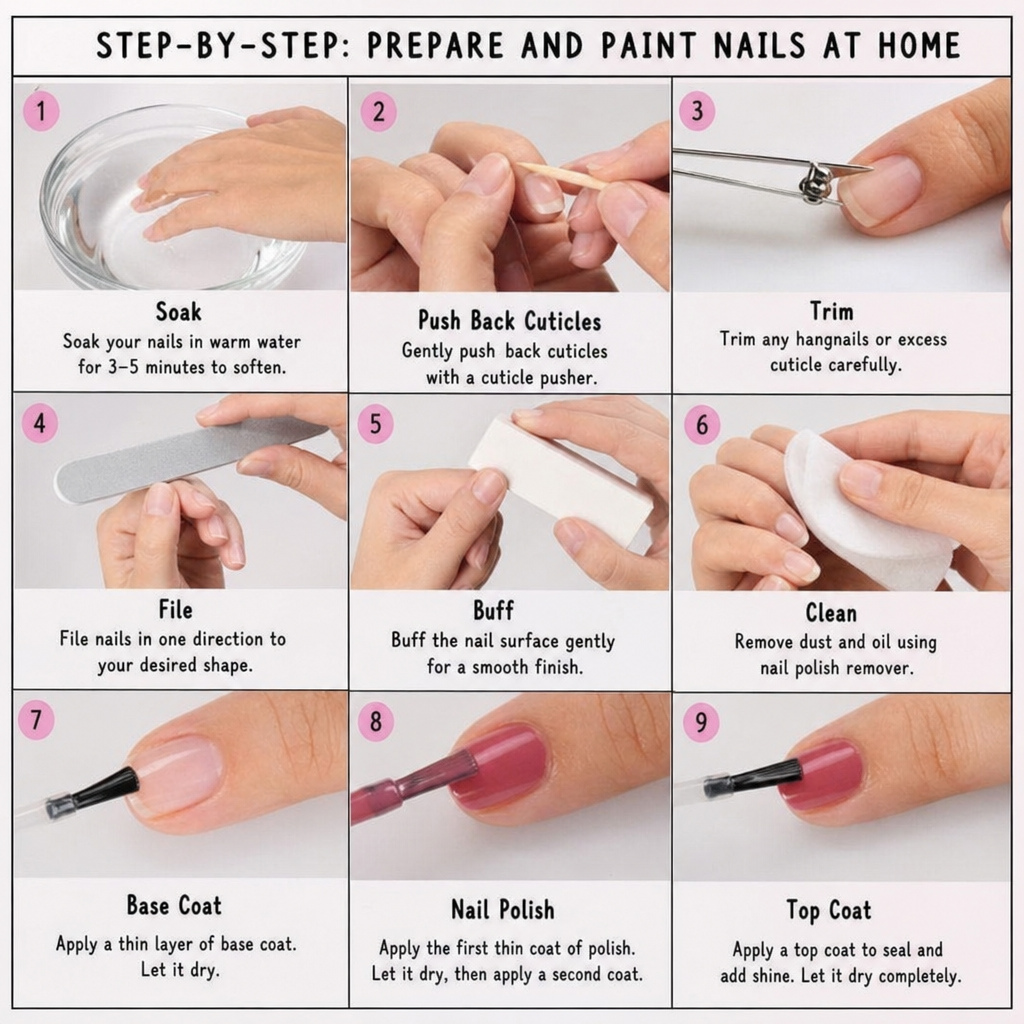 Step-by-step process of preparing and painting nails at home