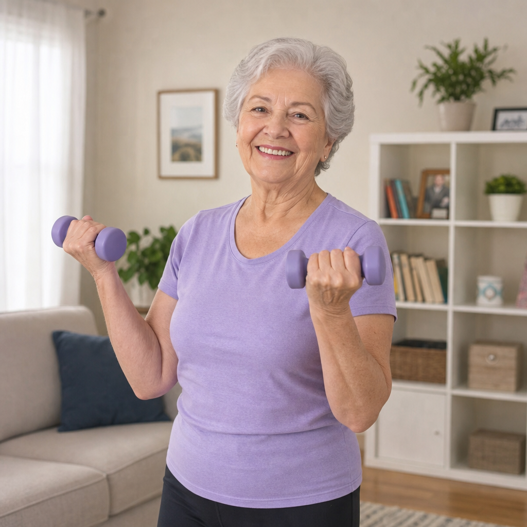 Senior woman smiling while lifting light dumbbells in a bright living room