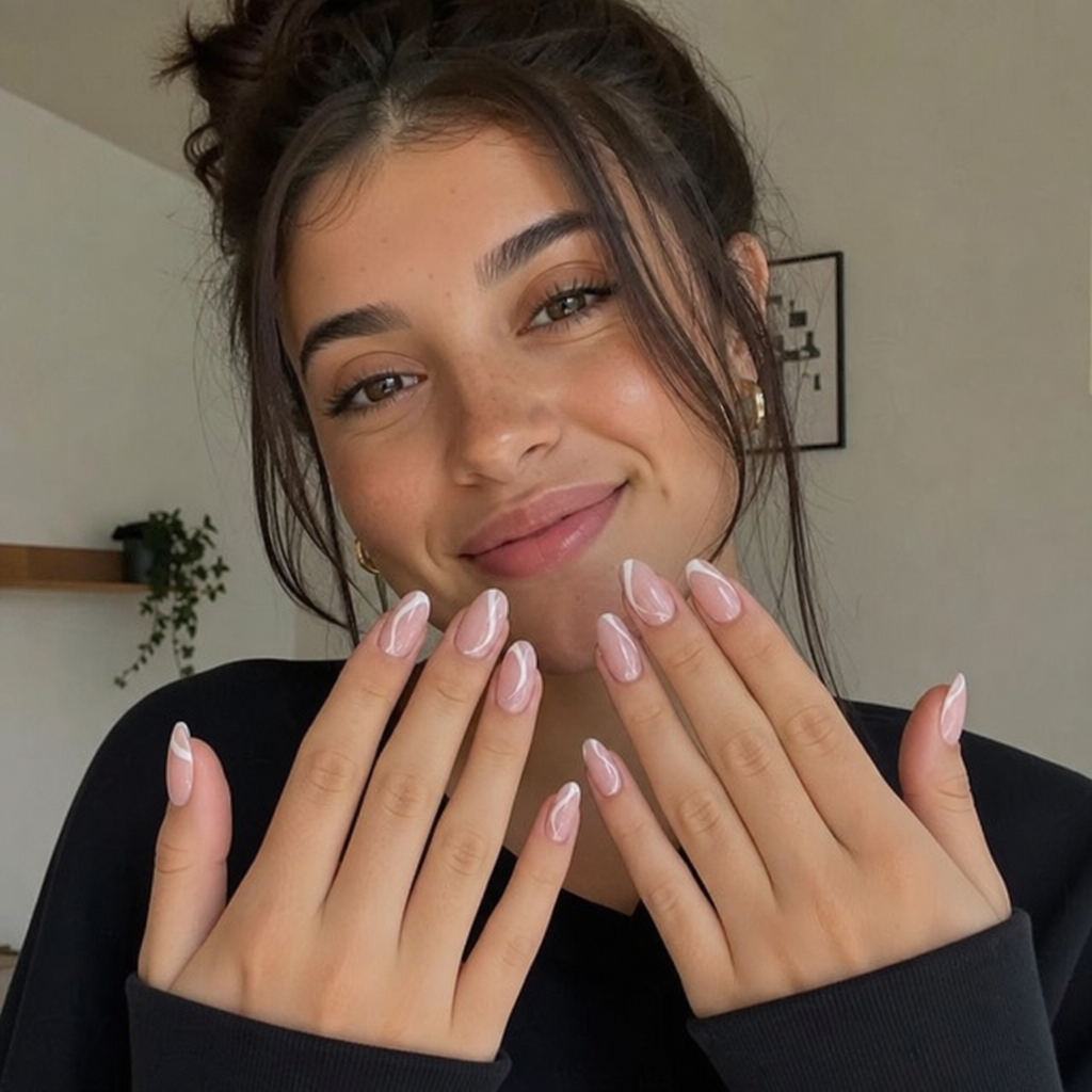 Woman showing off a trendy, freshly painted manicure