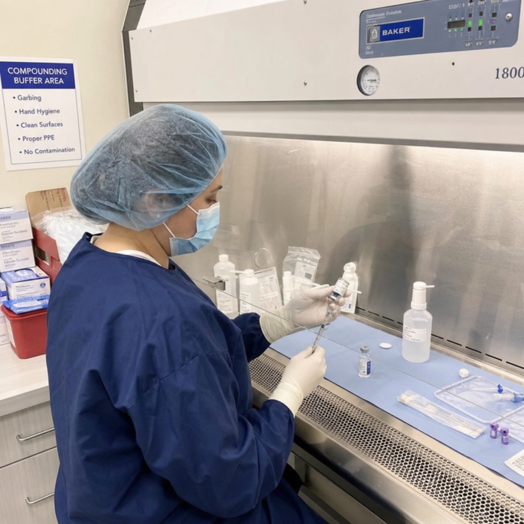 Pharmacist preparing medication in a sterile compounding pharmacy environment