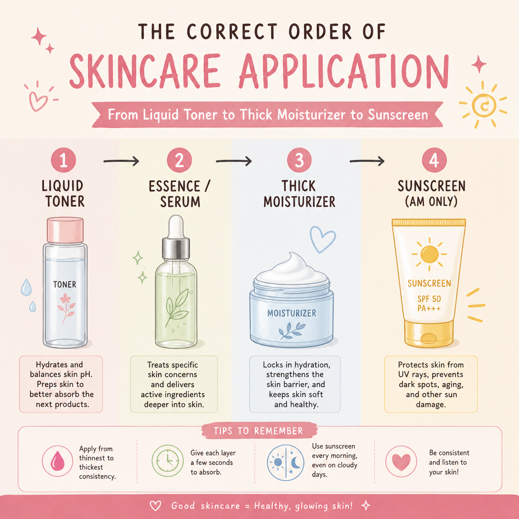 A beautifully designed infographic showing the correct order of skincare application from liquid toner to thick moisturizer to sunscreen