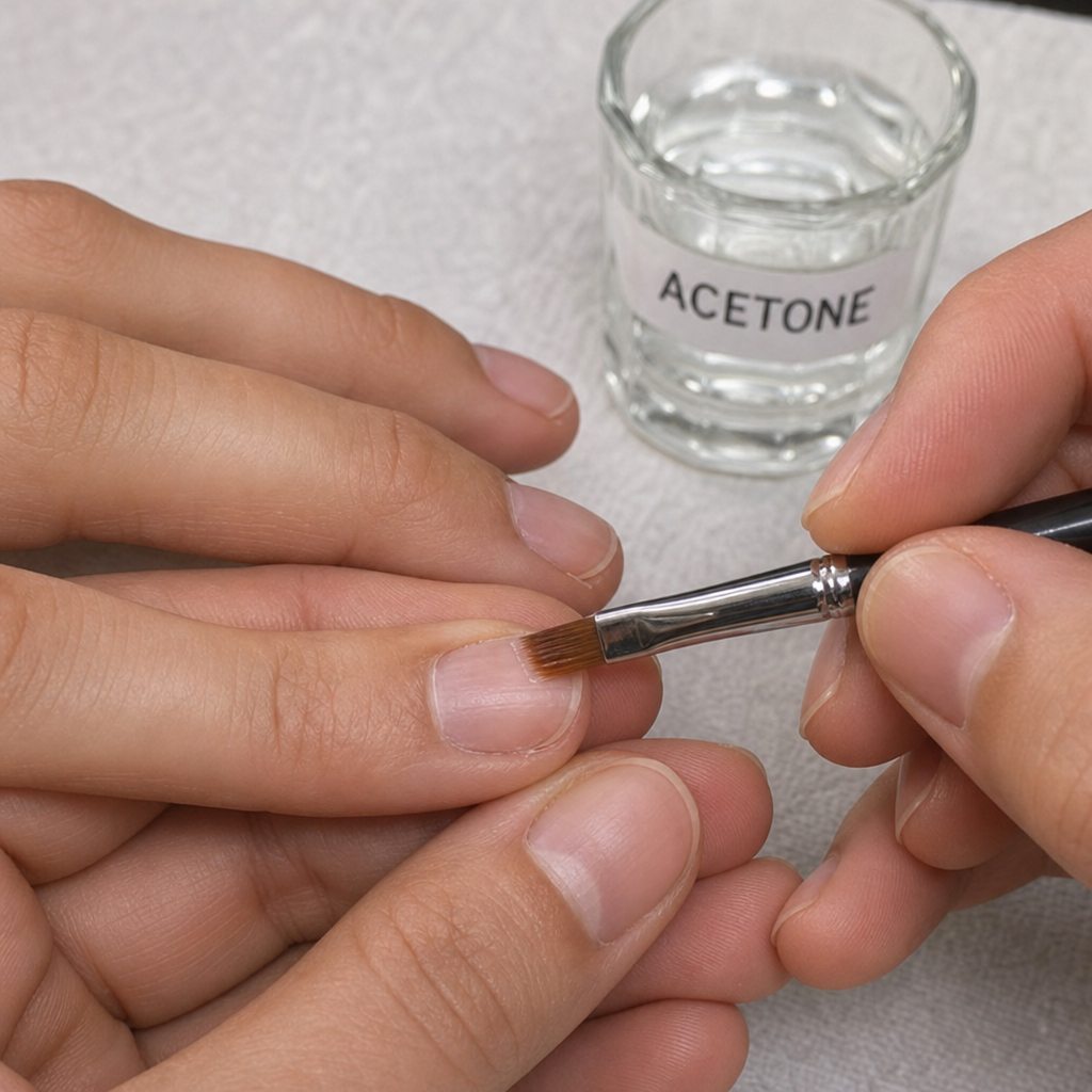 Cleaning up cuticles with a small angled brush dipped in pure acetone