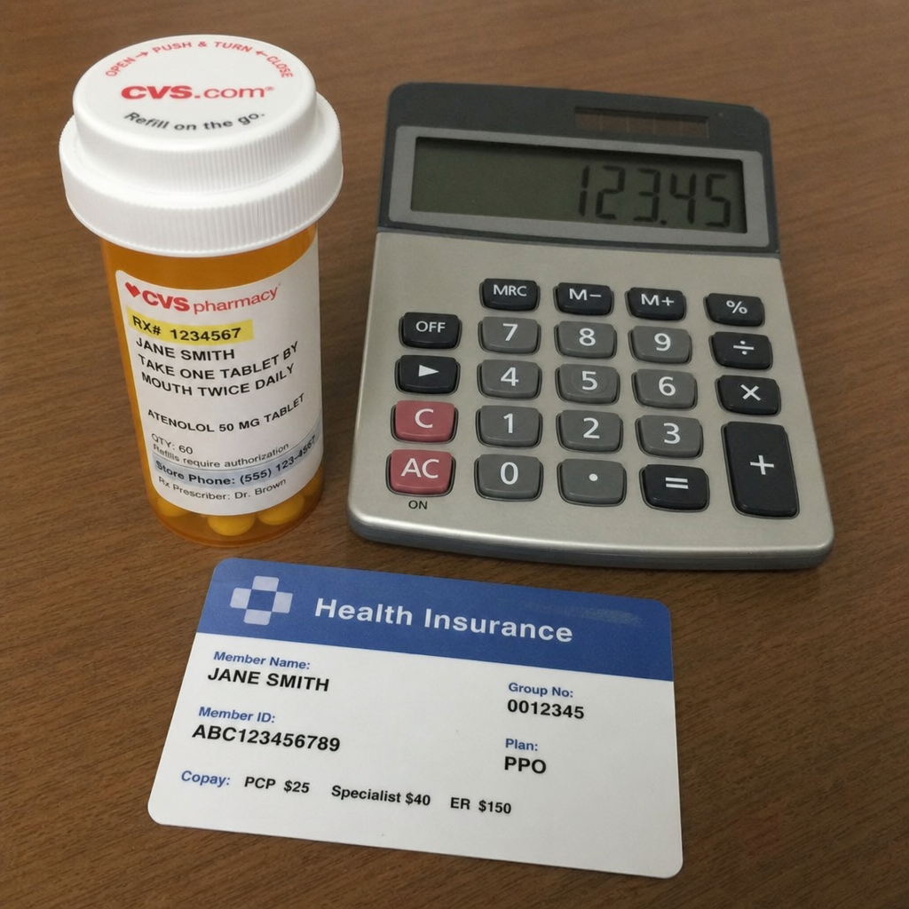 prescription pill bottle sitting next to a calculator and a health insurance card