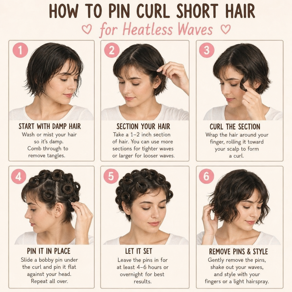 Instructional step-by-step layout showing how to pin curl short hair for heatless waves