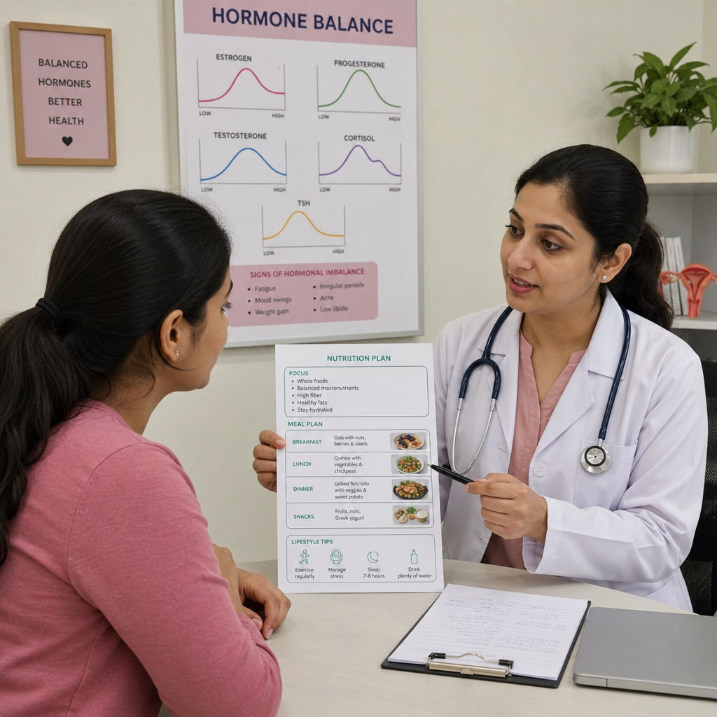Doctor explaining hormone charts and a nutrition plan to a female patient