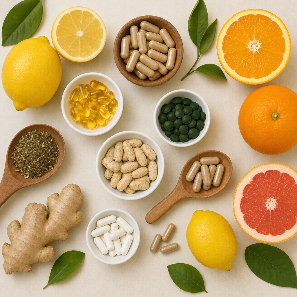 A flat lay of various natural supplements and fresh citrus fruits