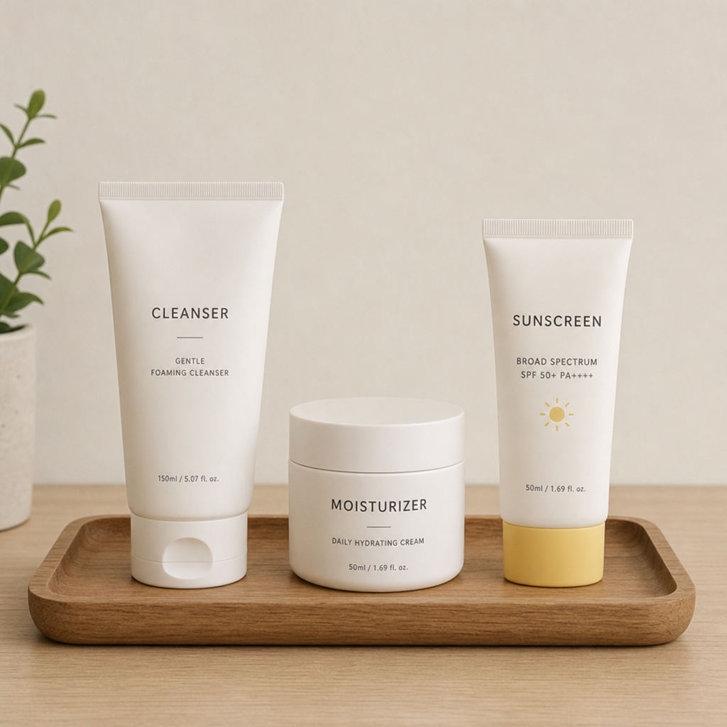 Three basic minimalist skincare products: a cleanser, a moisturizer, and a sunscreen arranged neatly on a wooden tray