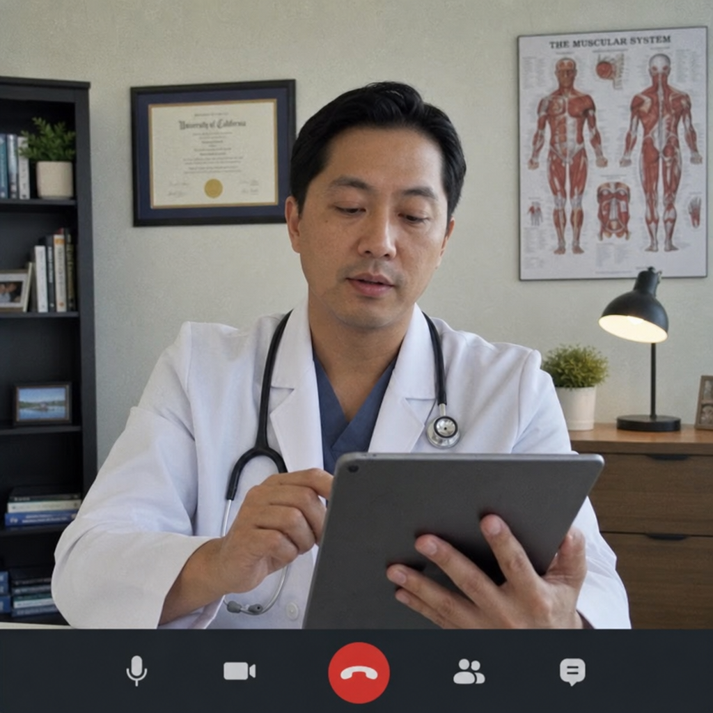 doctor on a telehealth video call reviewing patient charts on a tablet