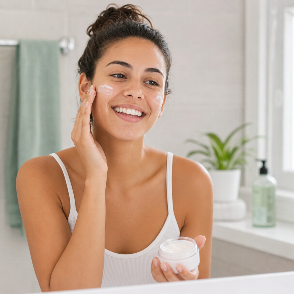 A smiling person happily applying a light, creamy moisturizer to their face in a bright bathroom