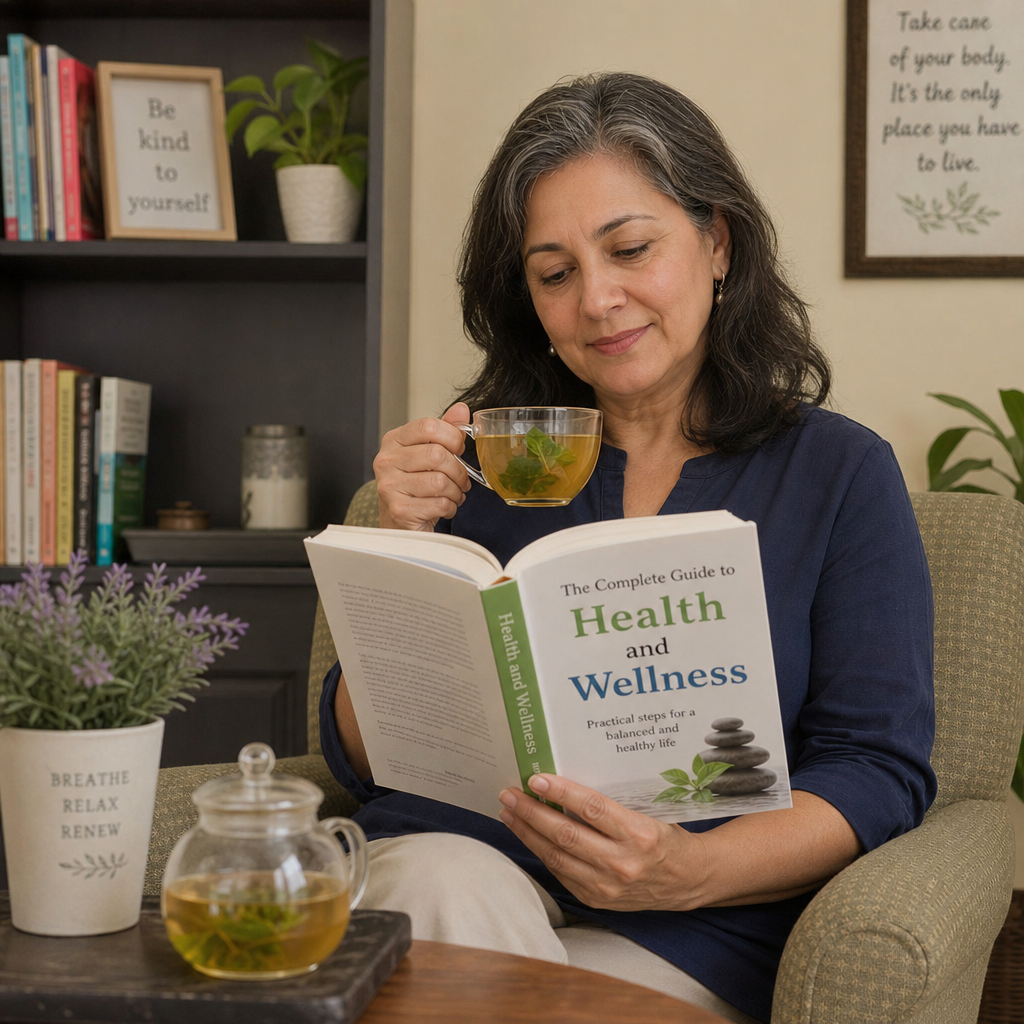A thoughtful mature woman reading a health and wellness book over a cup of herbal tea in ENGLISH