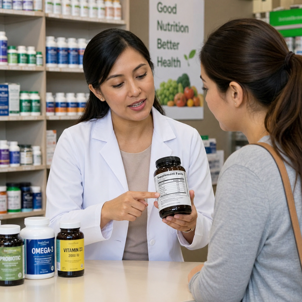 A pharmacist or nutritionist explaining supplement labels to a female client