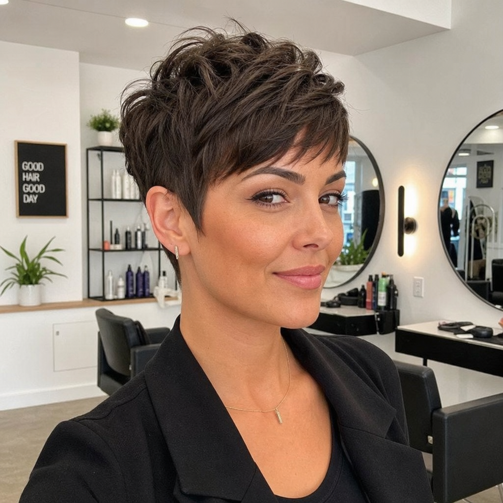 A confident woman showcasing a modern, textured pixie cut in a bright salon setting