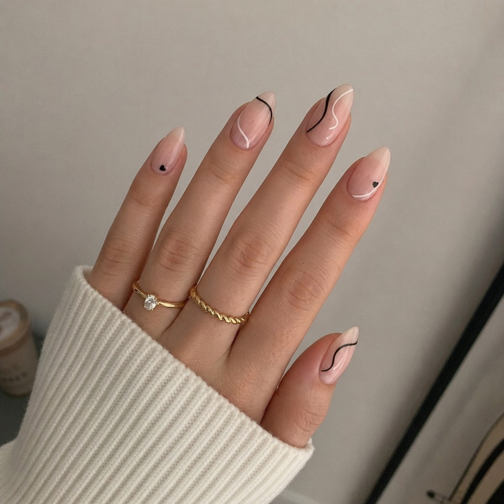 Woman showing off her beautiful trendy almond shaped nails with minimalist art