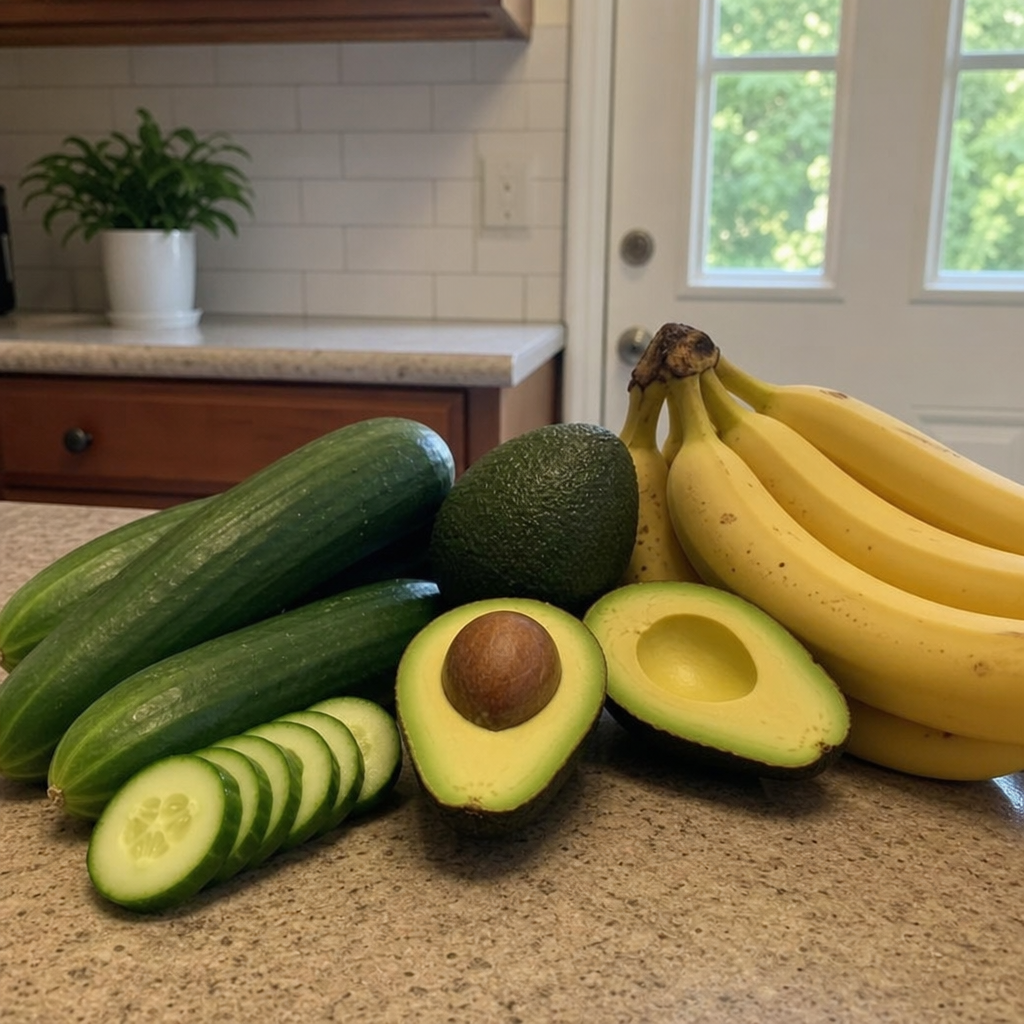 Fresh healthy foods like avocados, cucumbers, and bananas on a kitchen counter