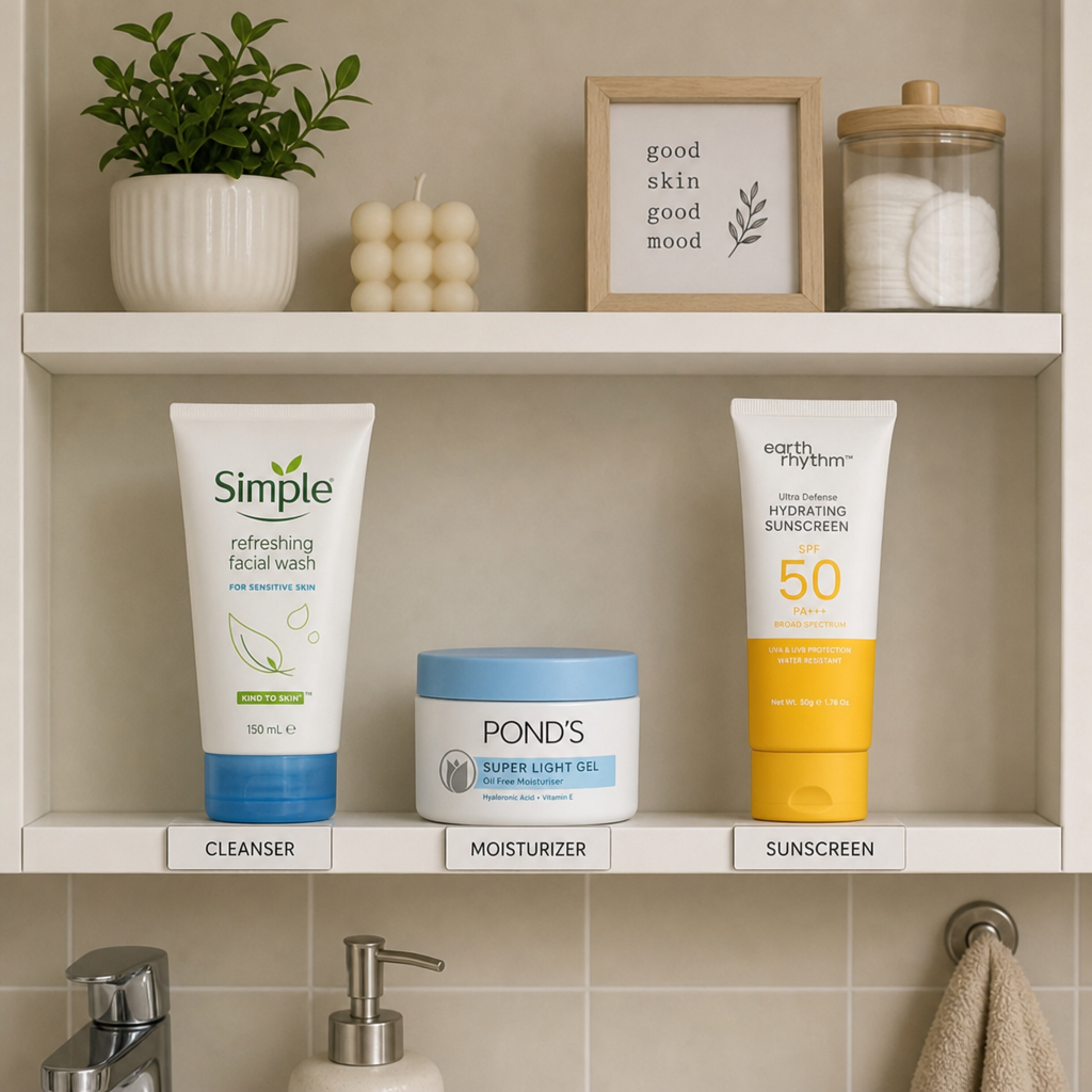 A neatly organized bathroom shelf displaying basic skincare essentials like cleanser, moisturizer, and sunscreen