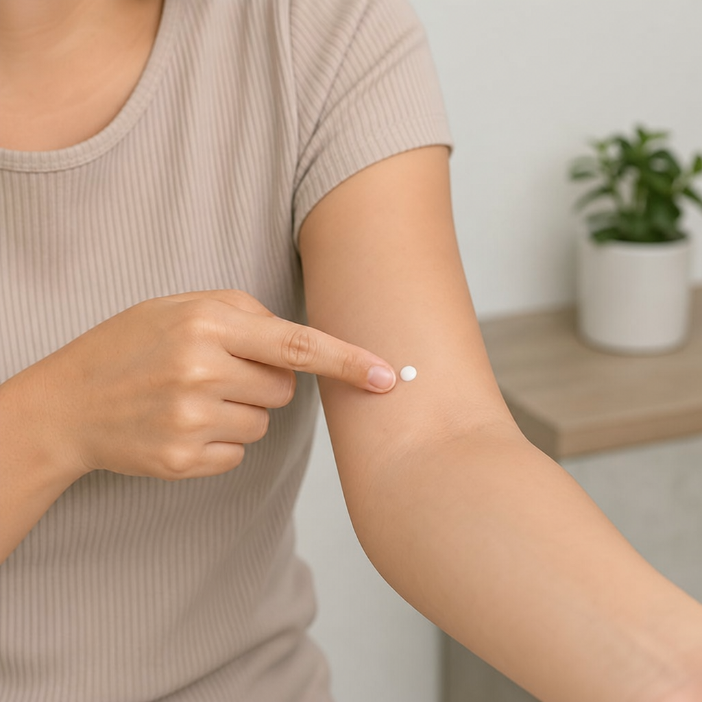 A person applying a small dot of lotion on the inner arm to demonstrate a patch test