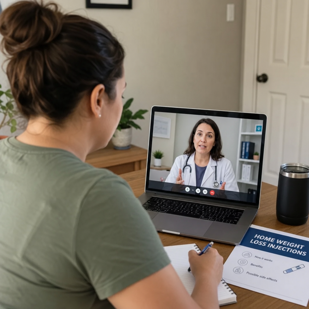 A person consulting with a healthcare provider via telehealth about home weight loss injections