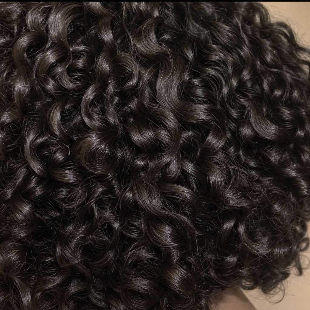 Close up of healthy, bouncy, deeply hydrated curly hair