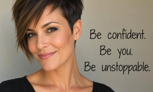 Woman with a flattering asymmetrical pixie cut smiling confidently in English