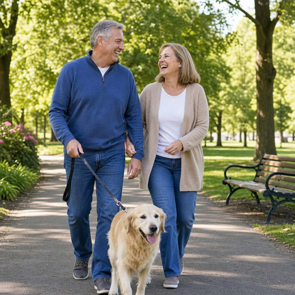 A cheerful mature couple laughing together while walking a dog in a sunlit park