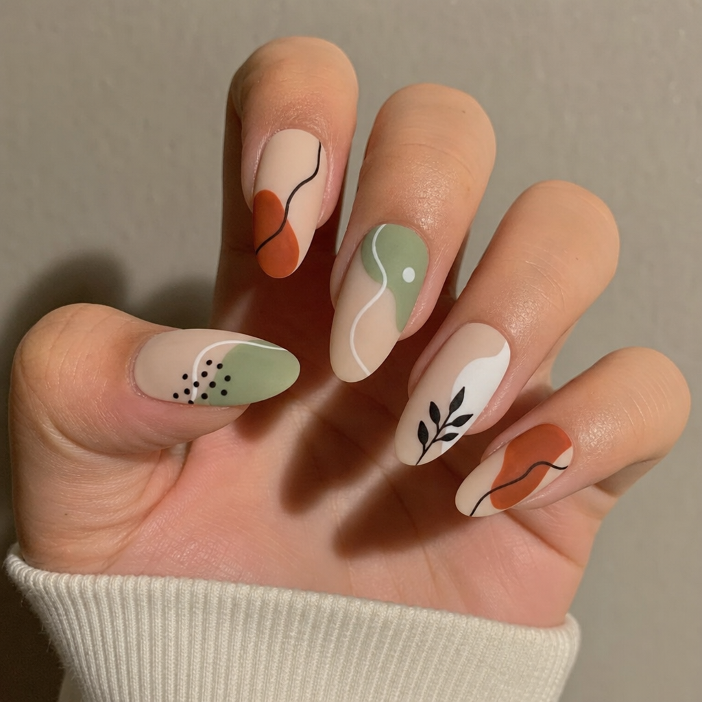 A beautifully applied set of custom DIY press-on nails featuring a trendy abstract design