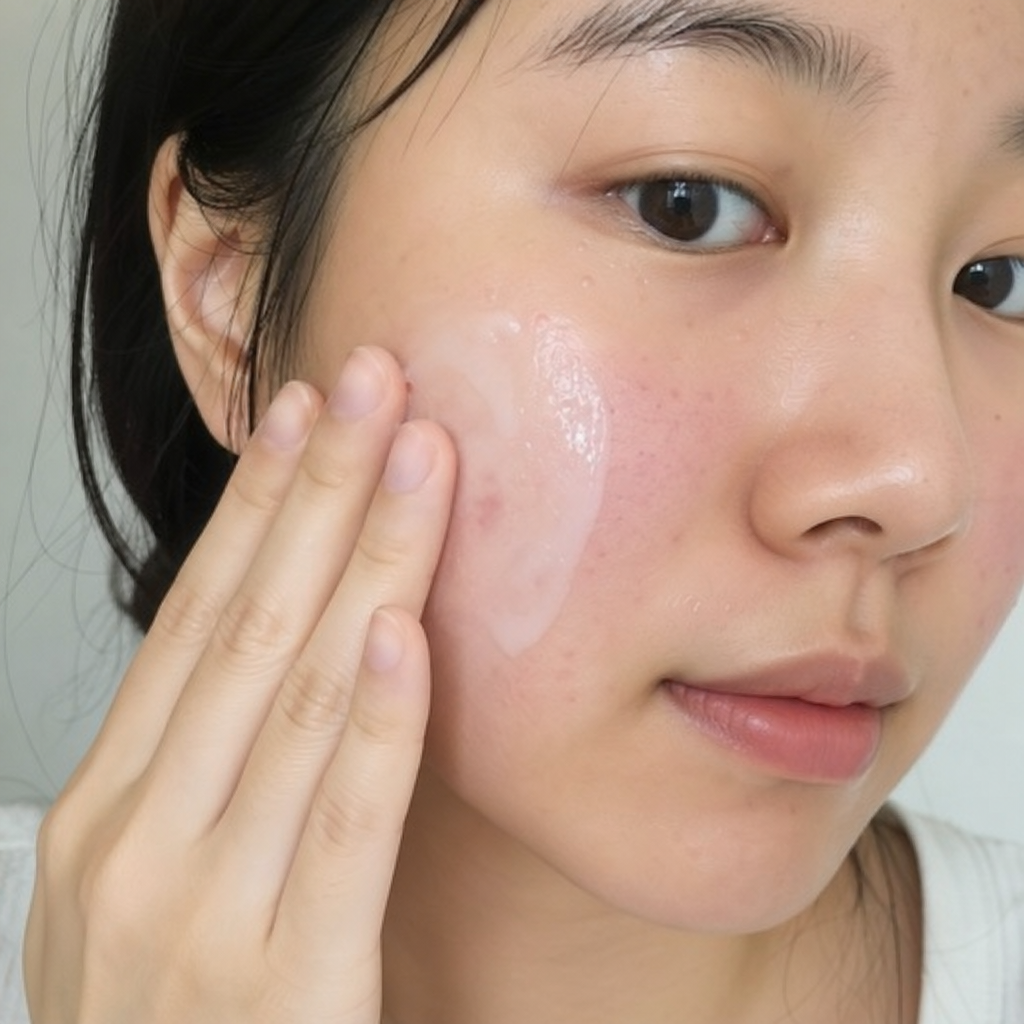 Close-up of a person gently patting a soothing, milky ceramide serum onto their irritated cheeks