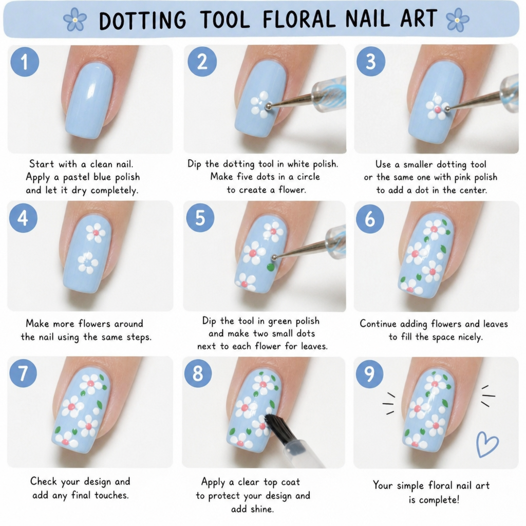 Step by step visual guide showing a beginner using a dotting tool to create simple floral patterns on a pastel blue nail