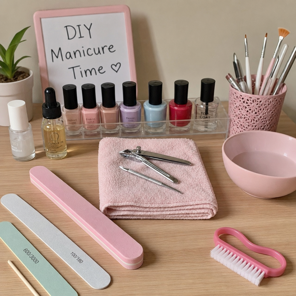 A beginner friendly DIY at-home manicure setup with polish bottles, files, and small brushes