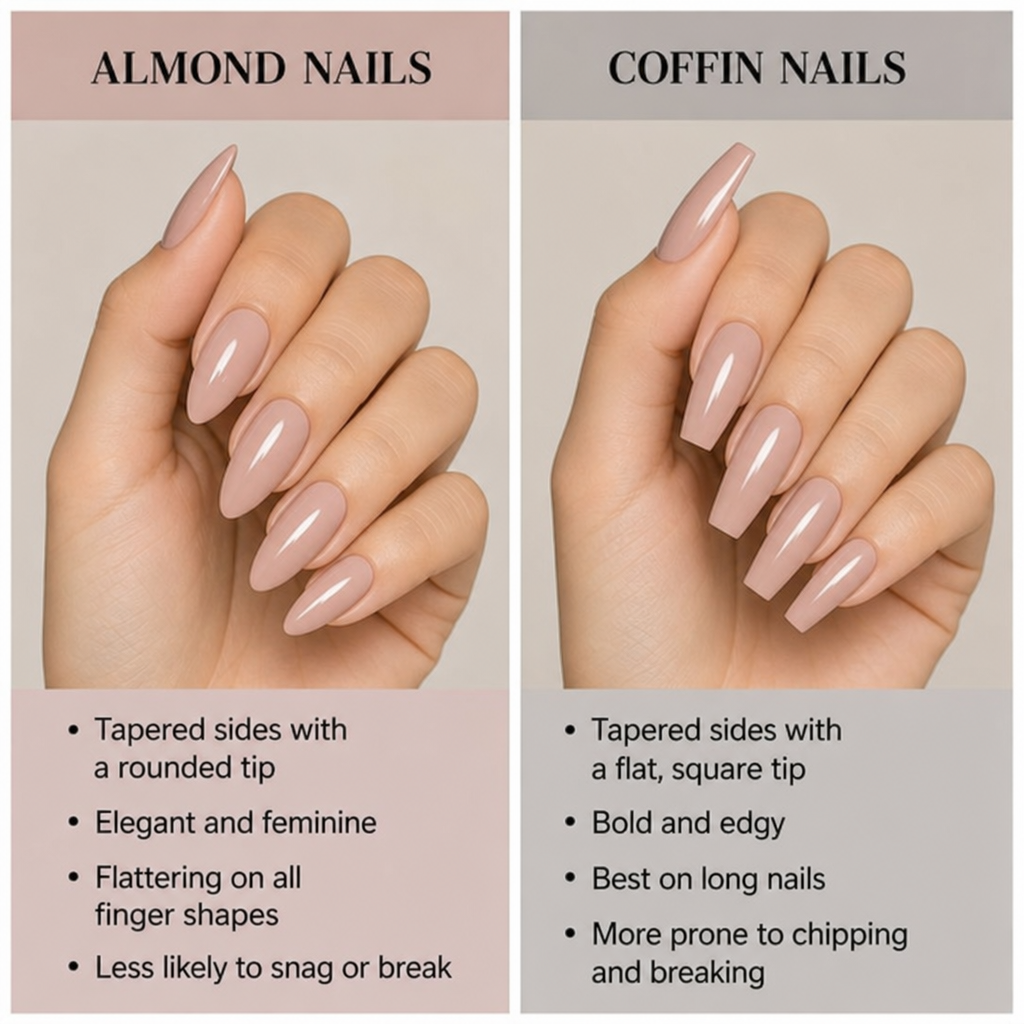 A side-by-side comparison of elegantly shaped almond nails and sharp coffin nails