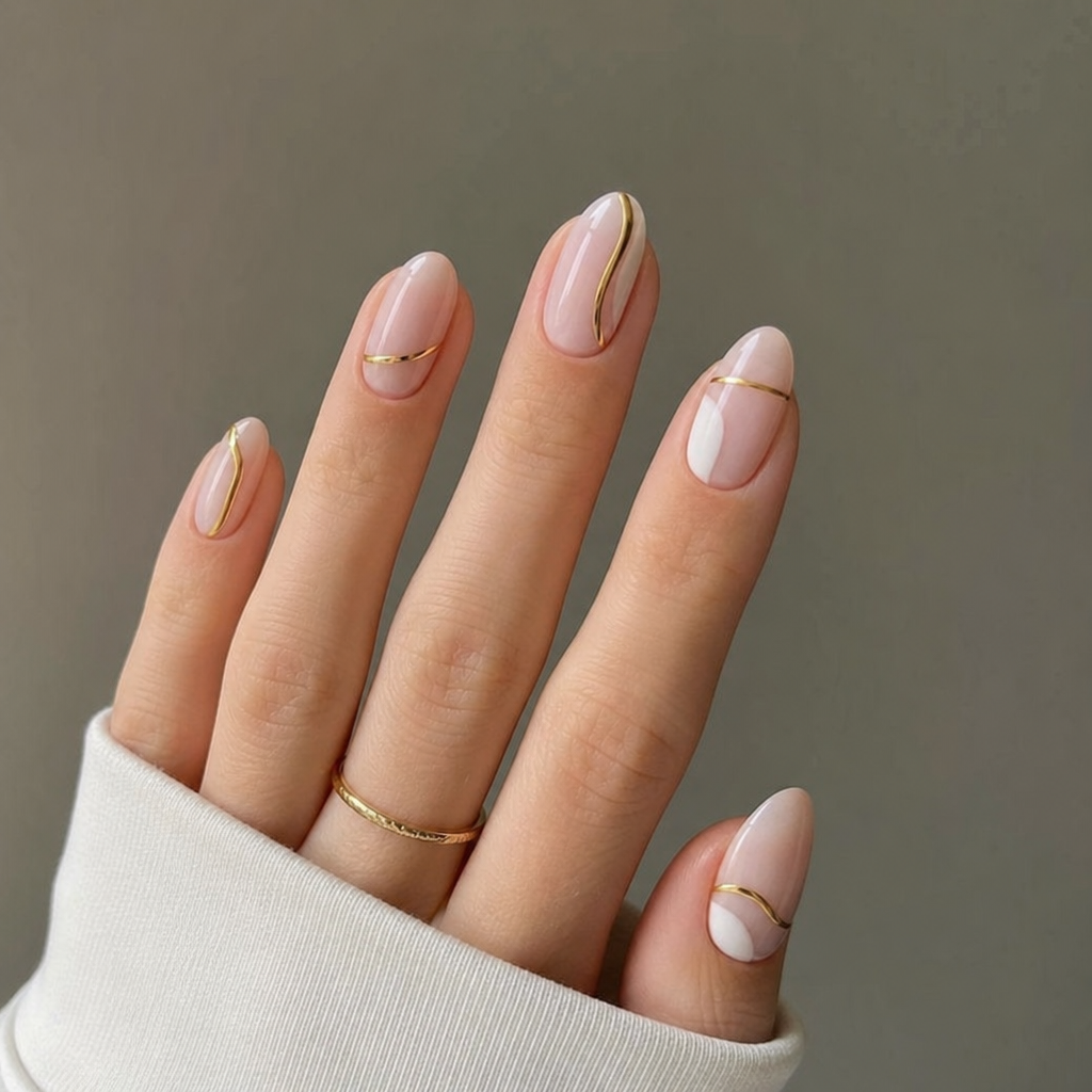 A hand showing minimalist gel nail art featuring negative space and thin gold lines in ENGLISH