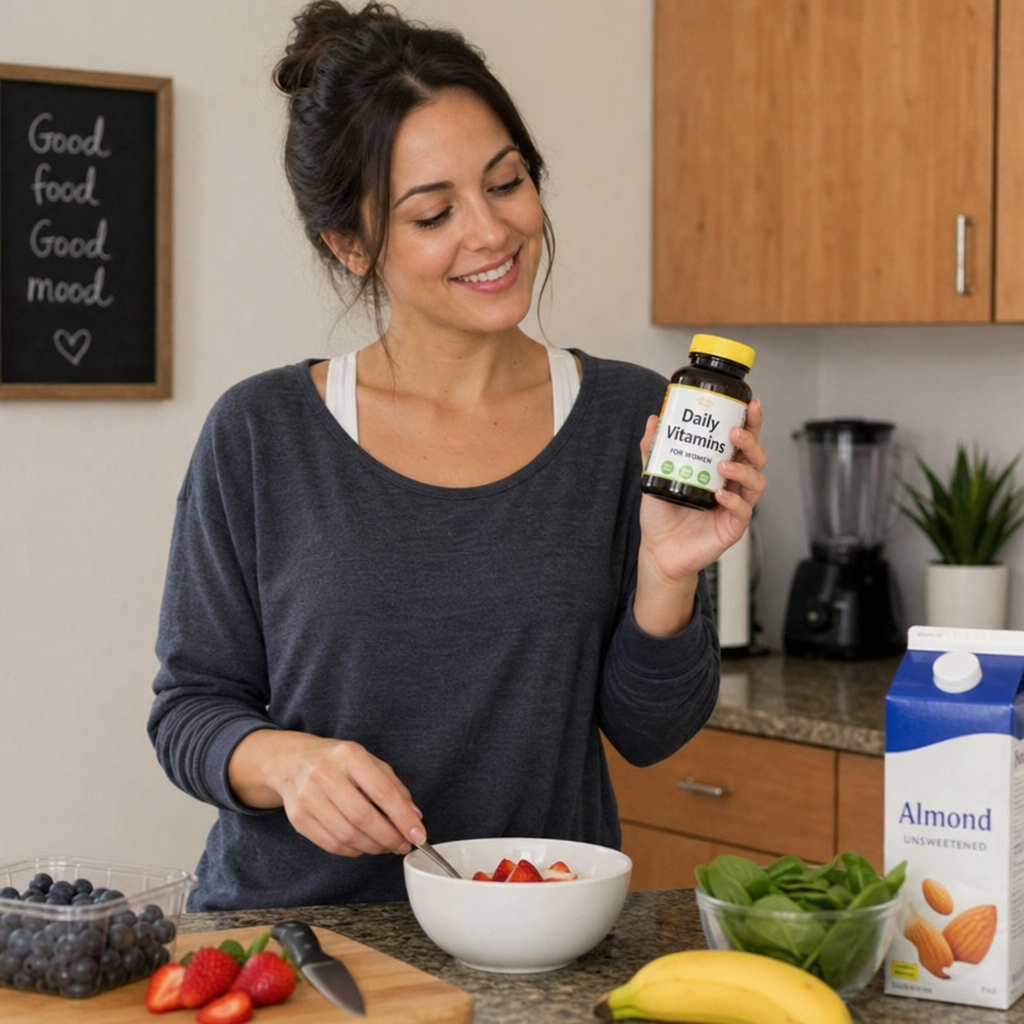 Woman holding a bottle of daily vitamins while making a healthy breakfast