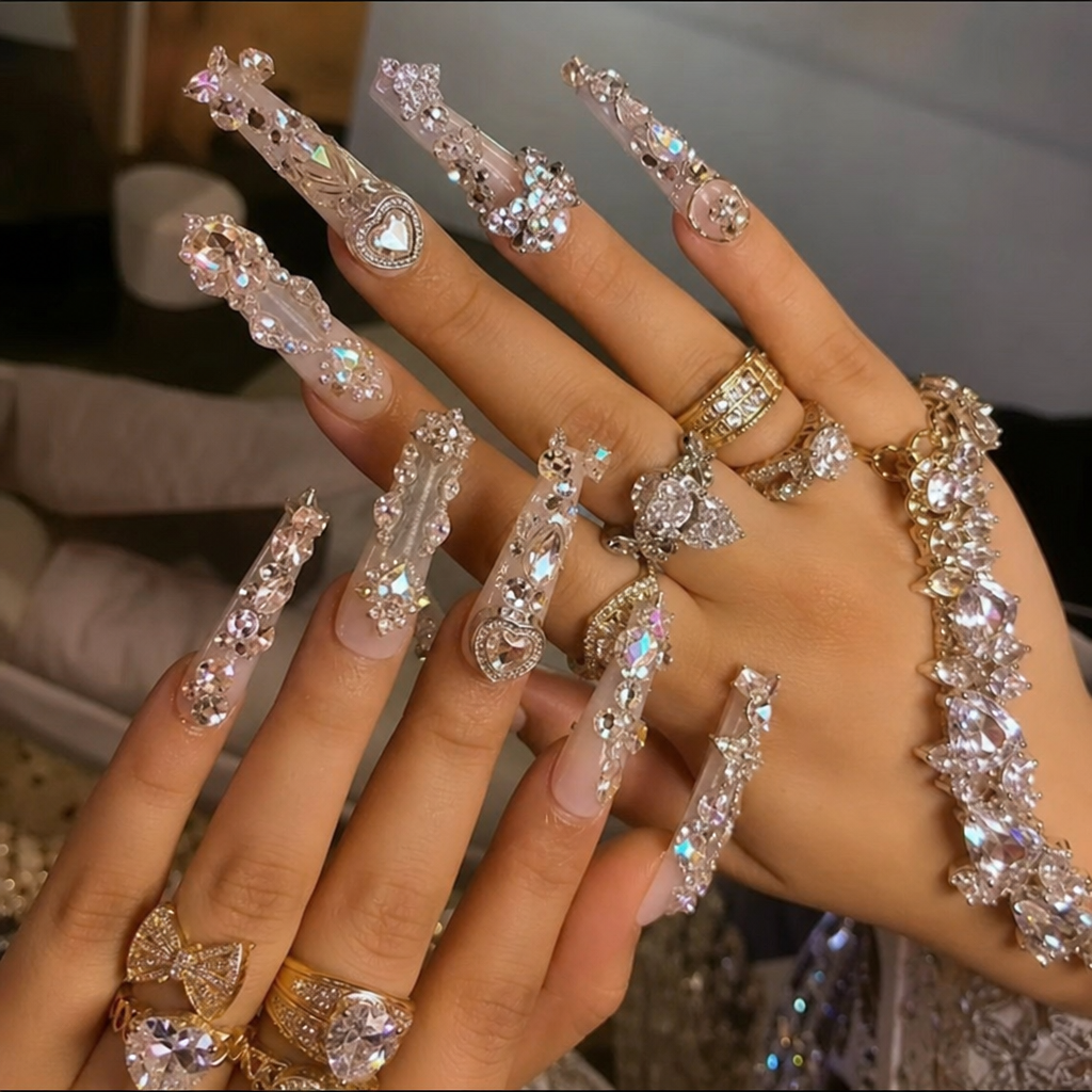 Beautiful long nails featuring hypoallergenic gems and heavy jewelry