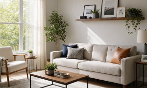 A beautifully arranged modern living room with a comfortable sofa and abundant natural light