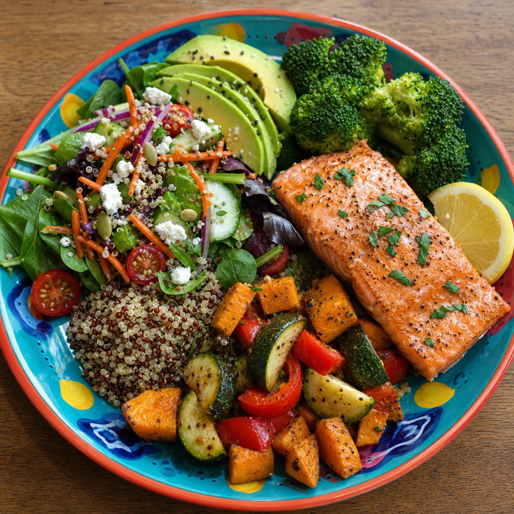Colorful plate filled with a healthy salad, salmon, and nutrient-dense vegetables