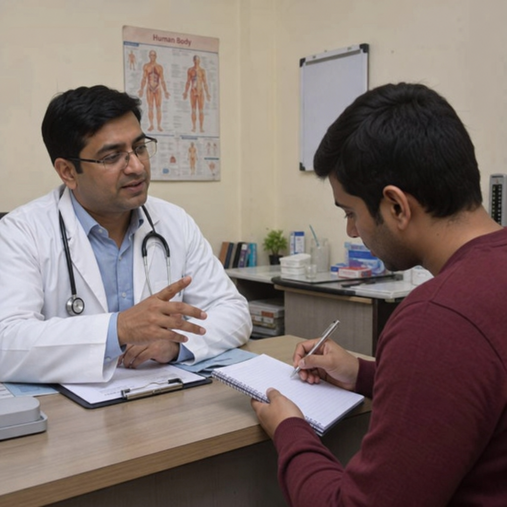 Patient writing down doctor's advice in a notebook