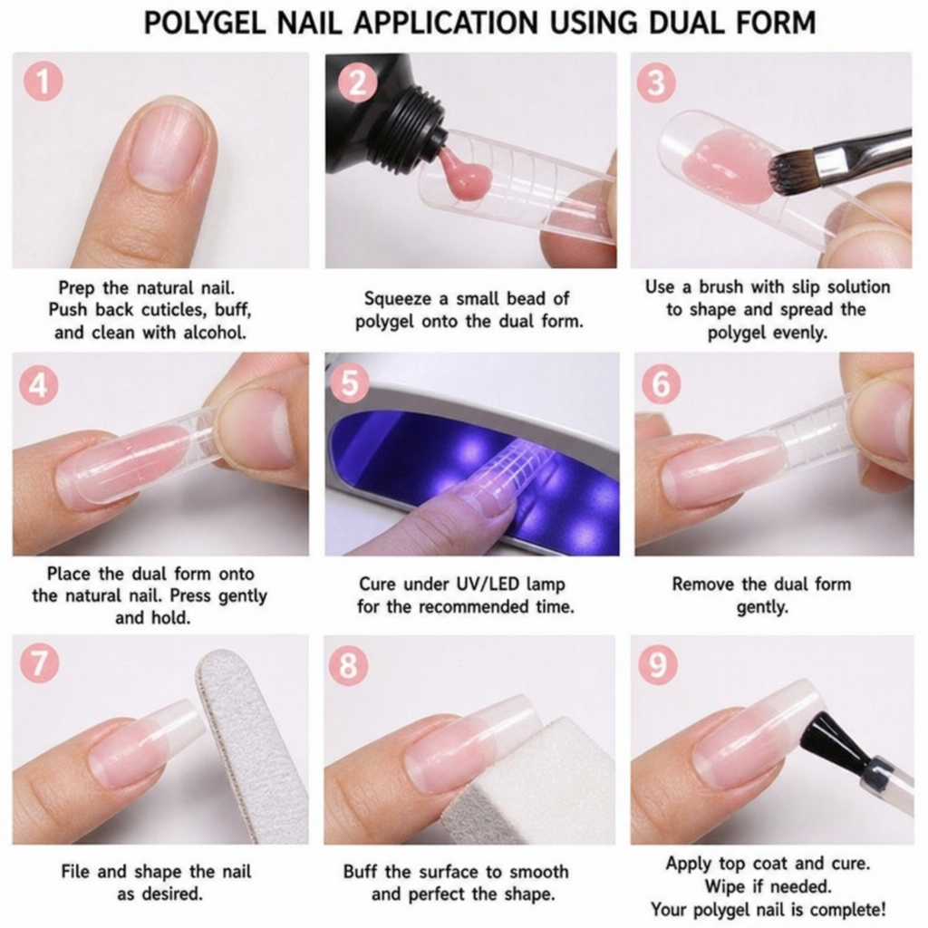 A step-by-step visual of a polygel nail being applied to a natural finger using a dual form