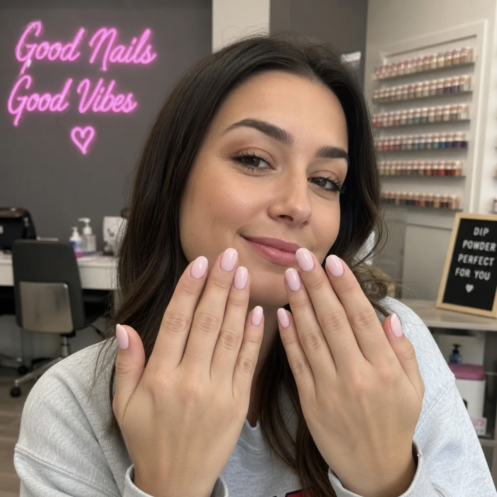 A woman showing off a flawless dip powder manicure in a salon setting