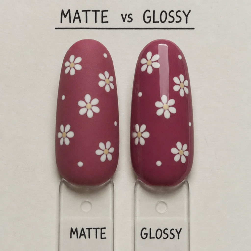 A comparison of matte vs glossy finish on identically painted nail art swatches