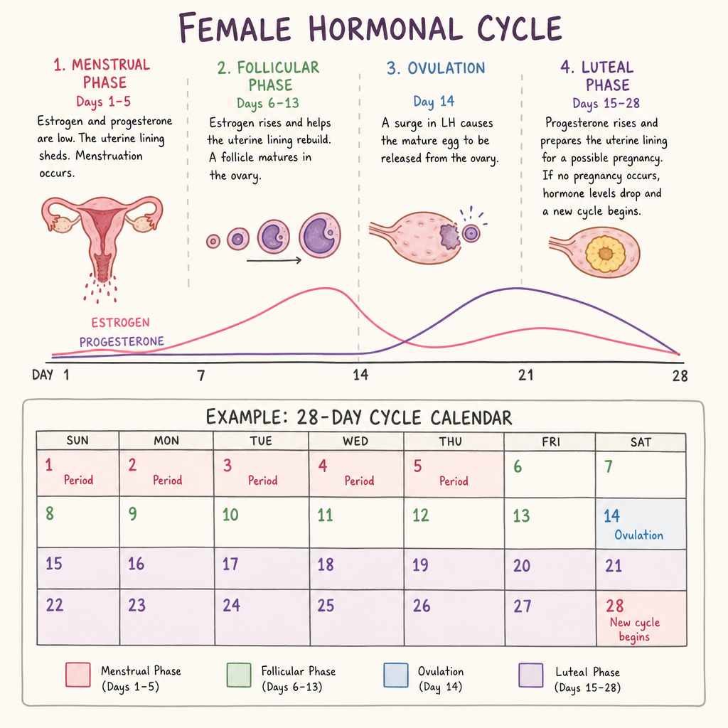 Illustration of the female hormonal cycle and a calendar