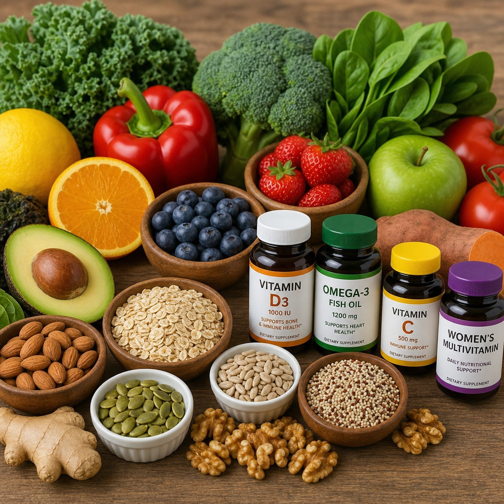 A vibrant array of healthy whole foods alongside natural vitamin supplements