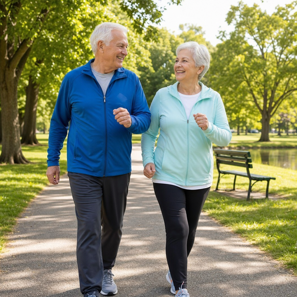 Active senior couple enjoying a brisk walk in a sunny park