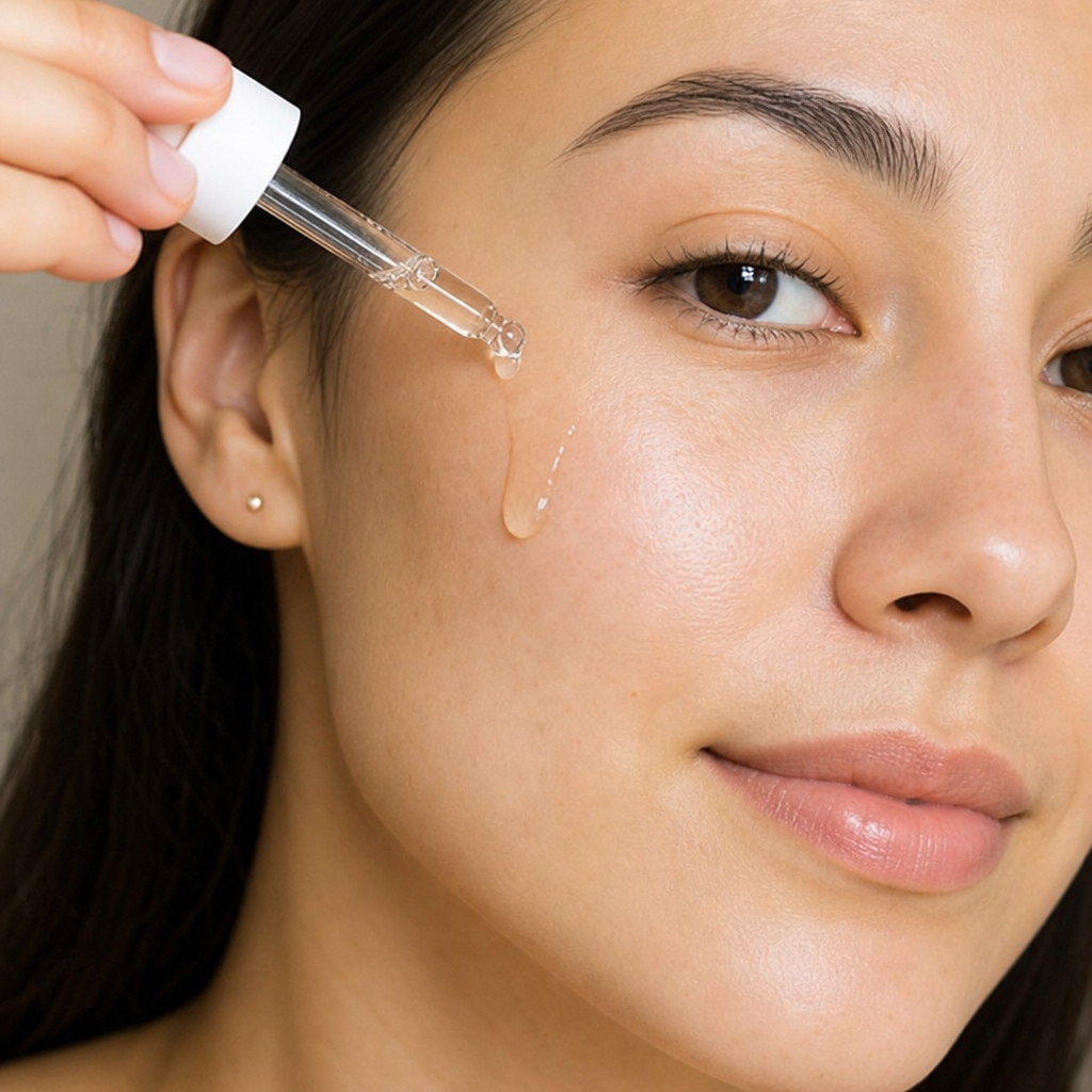 Close up of a woman applying a liquid serum to her cheek with a glass dropper in ENGLISH