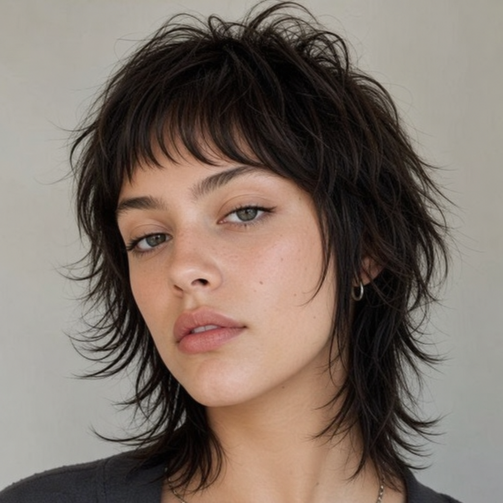 Close up of a woman modeling baby bangs paired with a heavily textured mixie cut