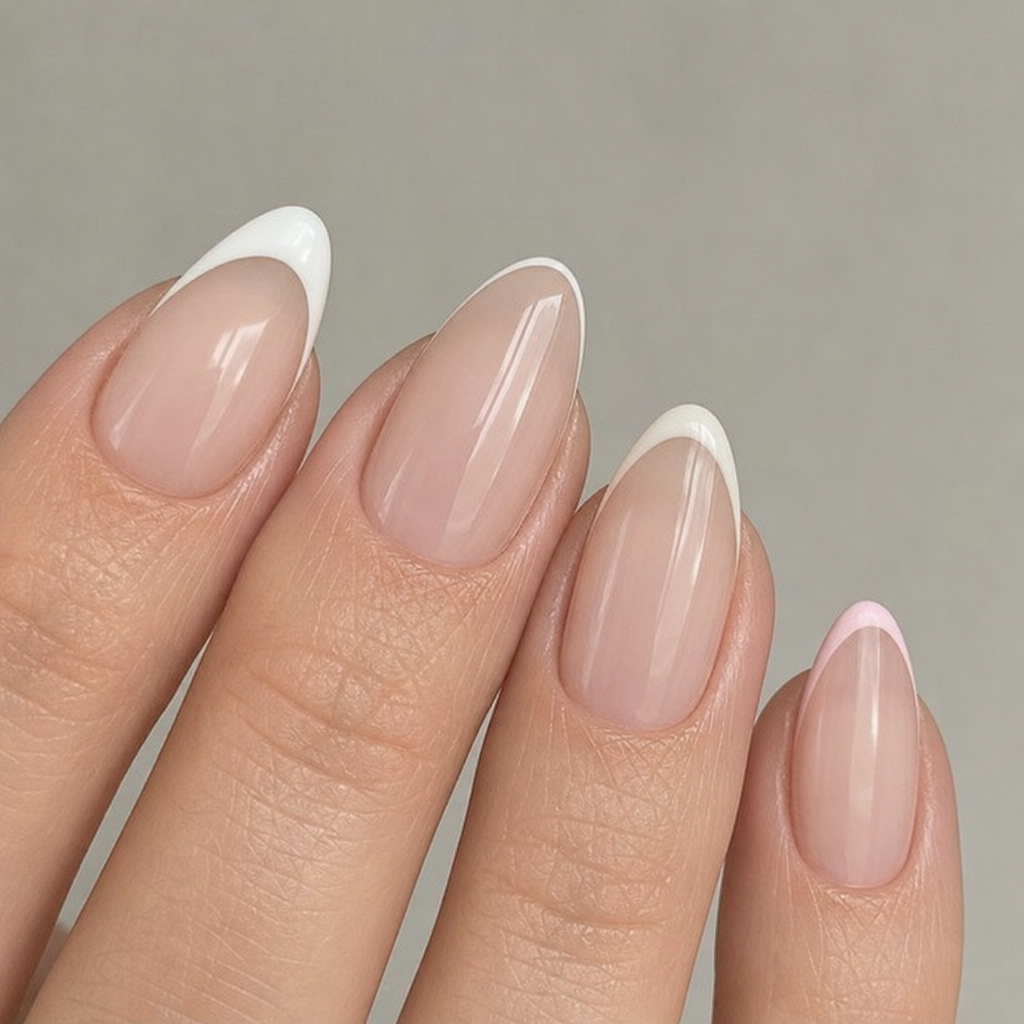Close up of minimalist french tip variations on almond shaped nails