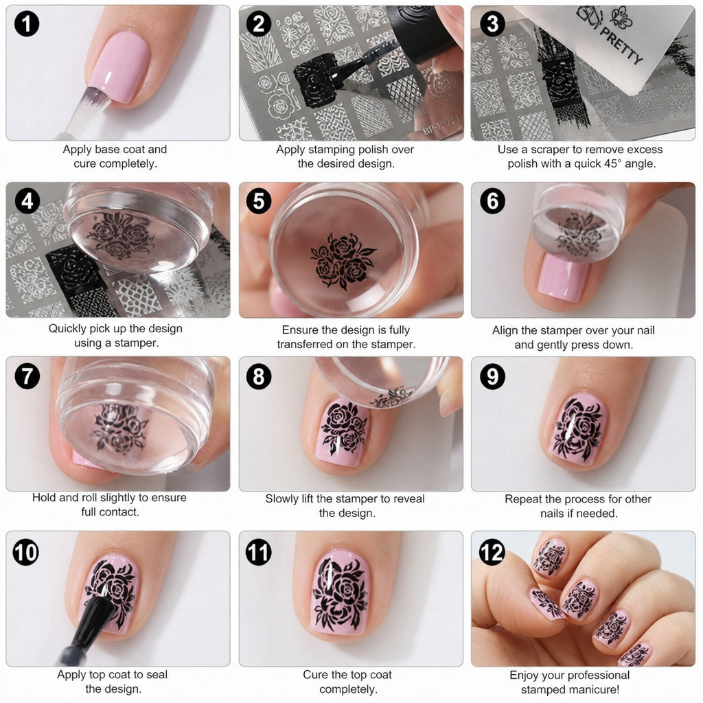 A detailed nail stamping process using professional stamping plates